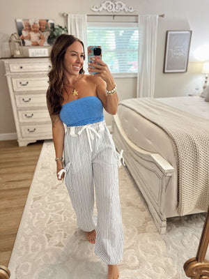 Brittan Striped Textured Pants - Denim/White