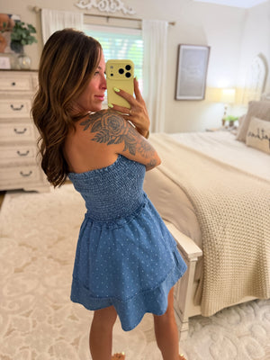 Atlas Denim Polka Dot Ruffled Romper