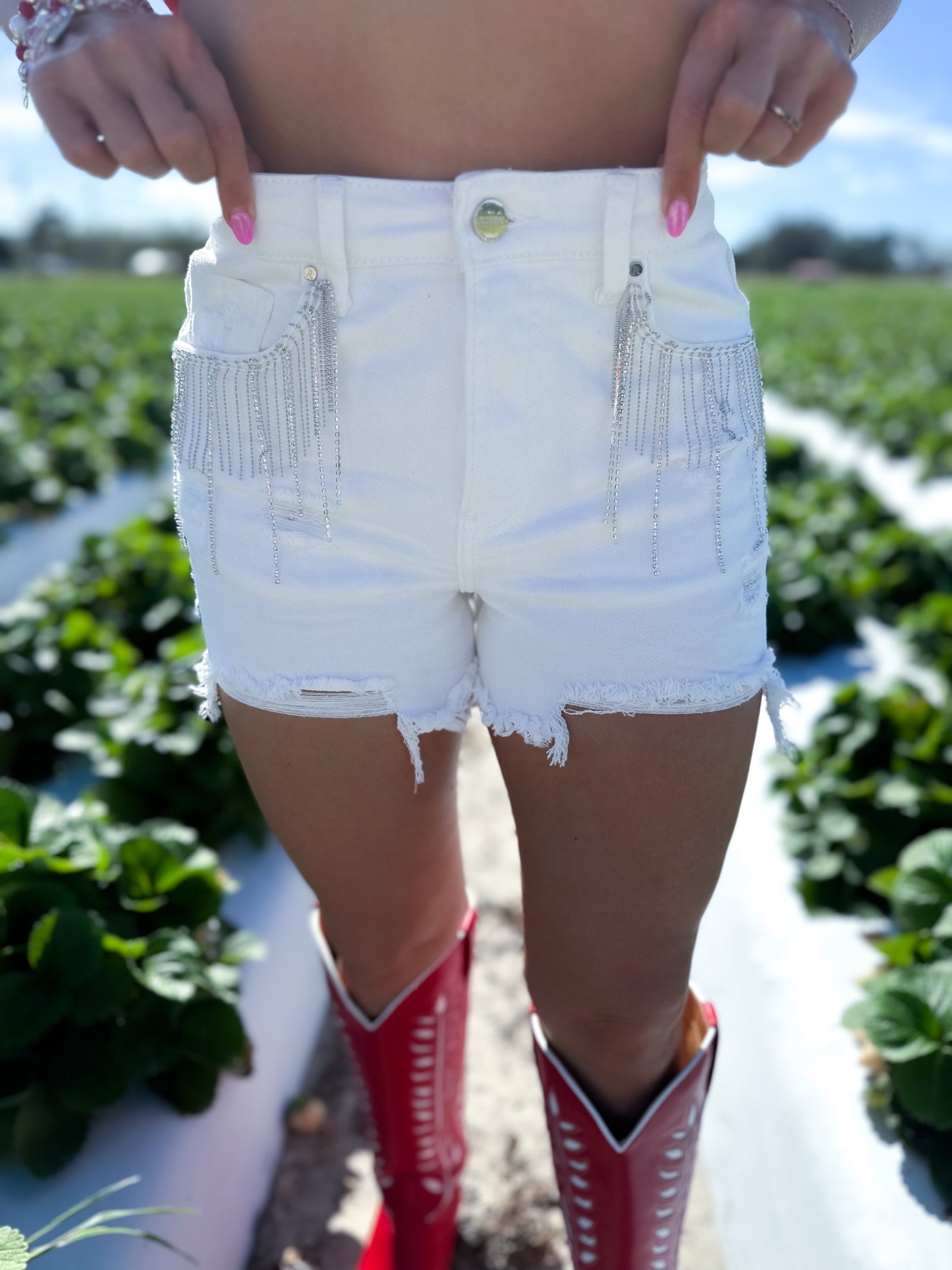 Dakota High Rise Rhinestone Fringe Shorts - White