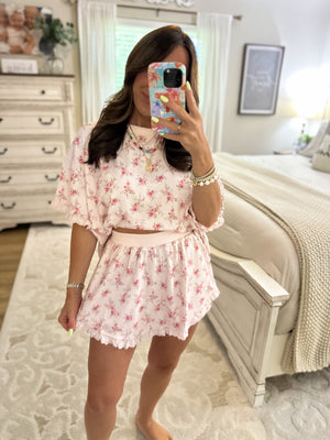 Holly Vintage Rose Waffle Knit Ruffle Top