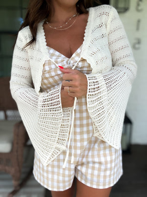 Here & Now Bell Sleeve Tie Front Cropped Cardigan