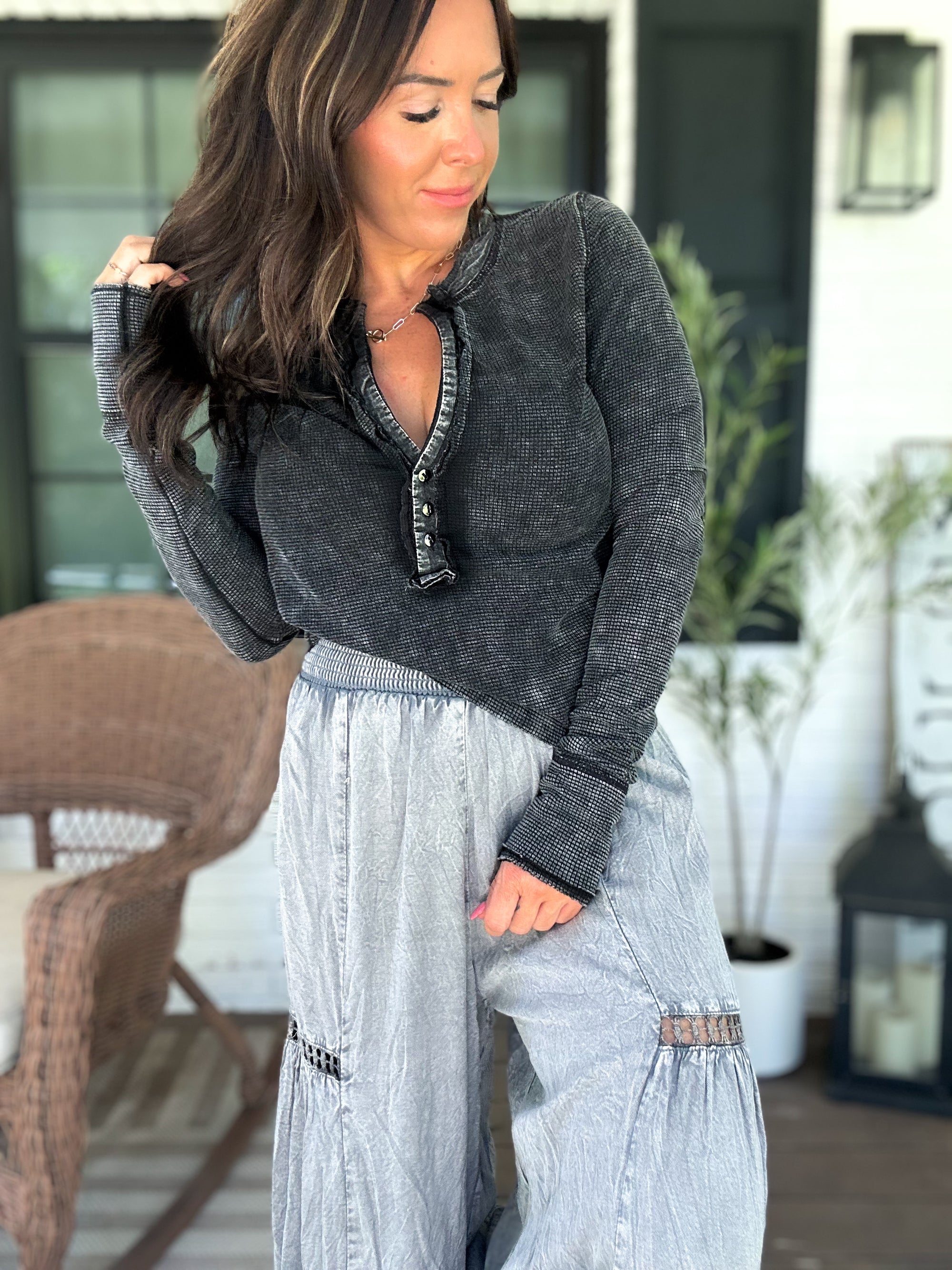 Montana Waffle Knit Henley Top - Charcoal