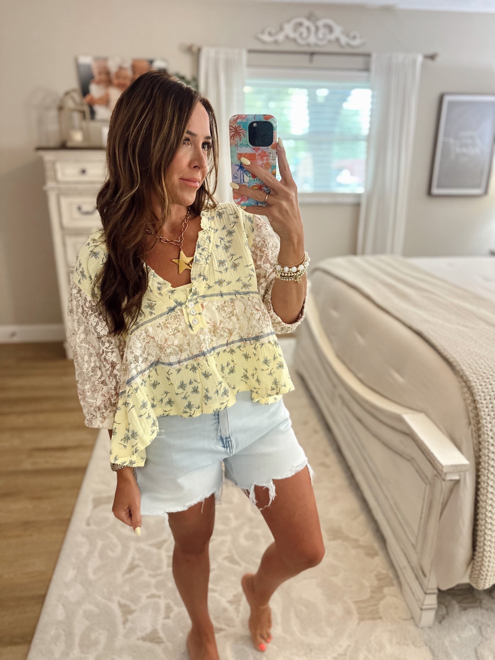 Carlie Lace Patch Ruffle Vneck Top