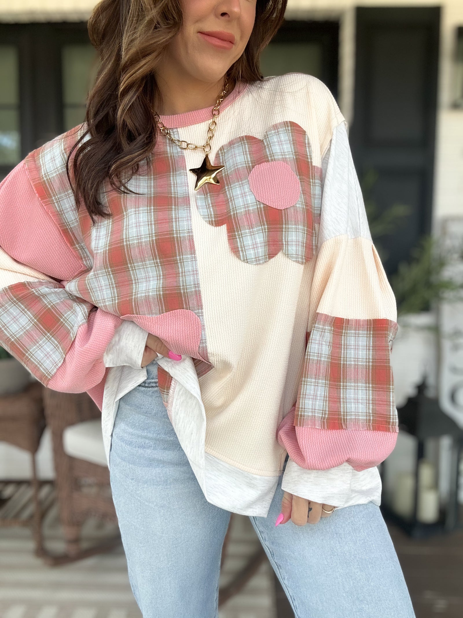 Lucy Floral & Plaid Bubble Sleeve Top