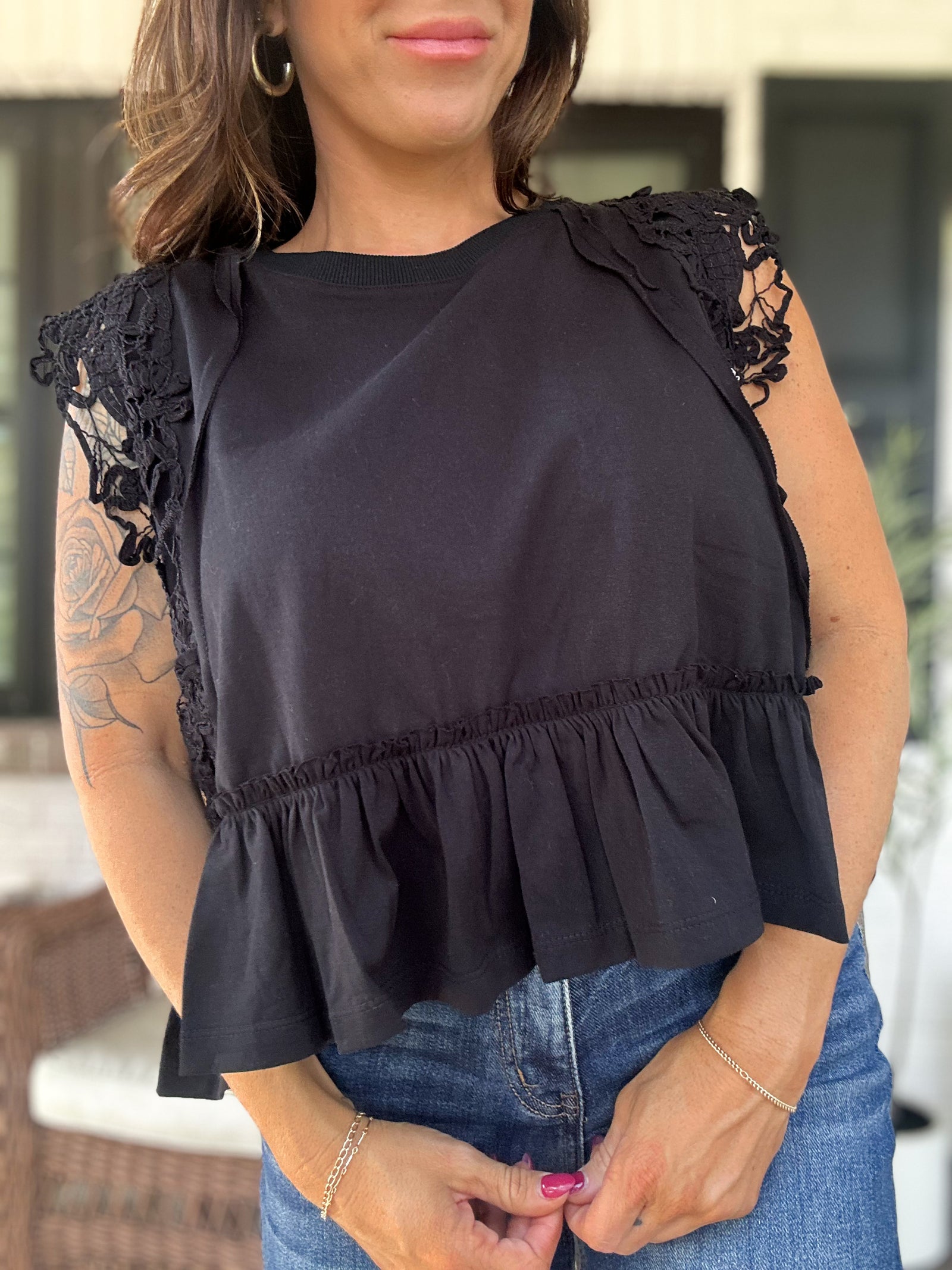Mable Lace Trim Top - Black