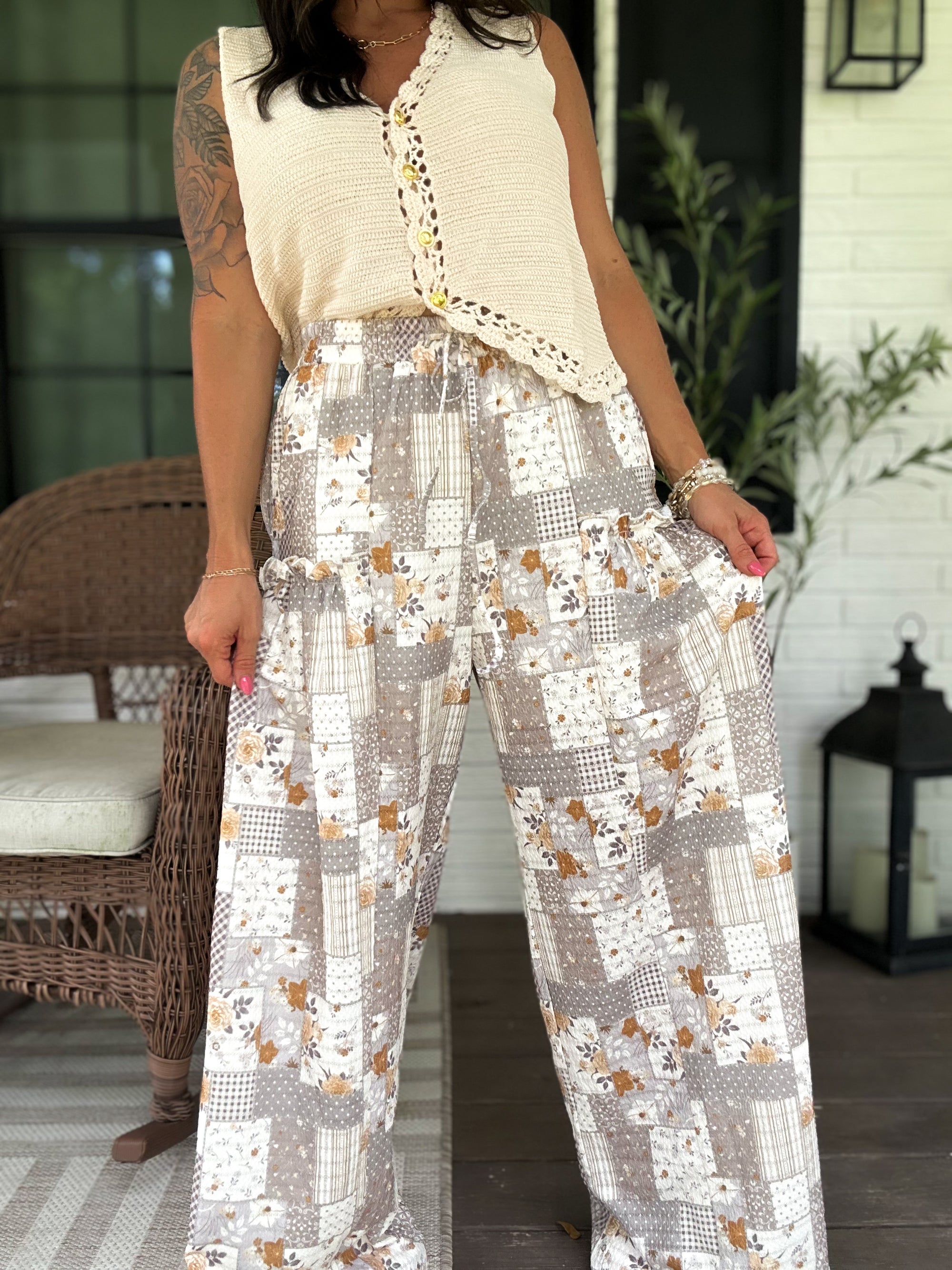 Nora Patchwork Print Textured Wide Leg Pants