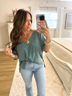 Alyse Oversized V-Neck Short Sleeve Top - Teal