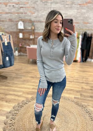 Level Up Waffle Knit Henley Top - Gray