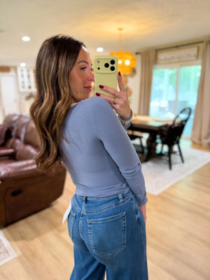 Anna Lace Trim Long Sleeve Henley Top - Slate Blue