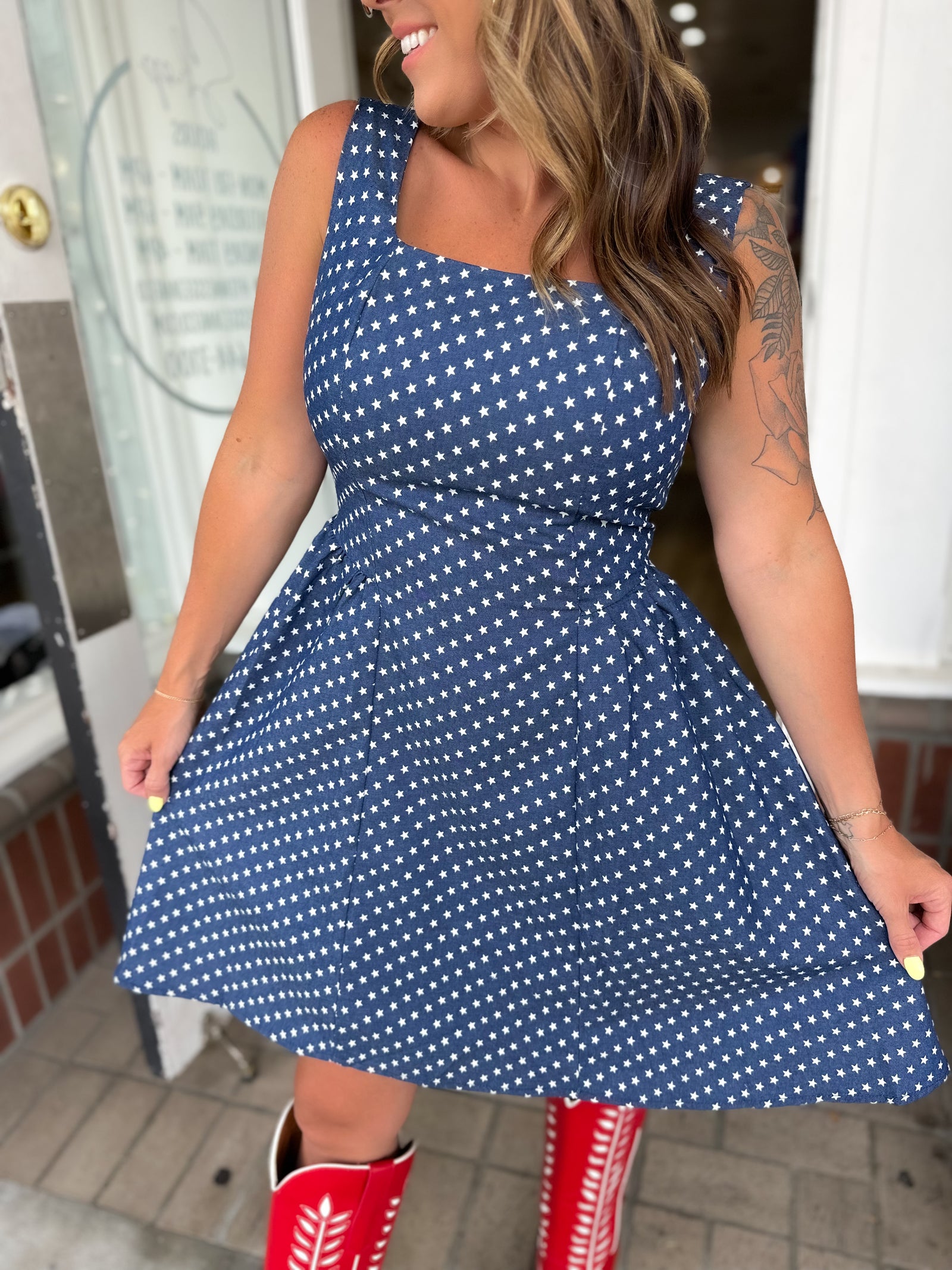 Lady Liberty Star Printed Chambray Dress