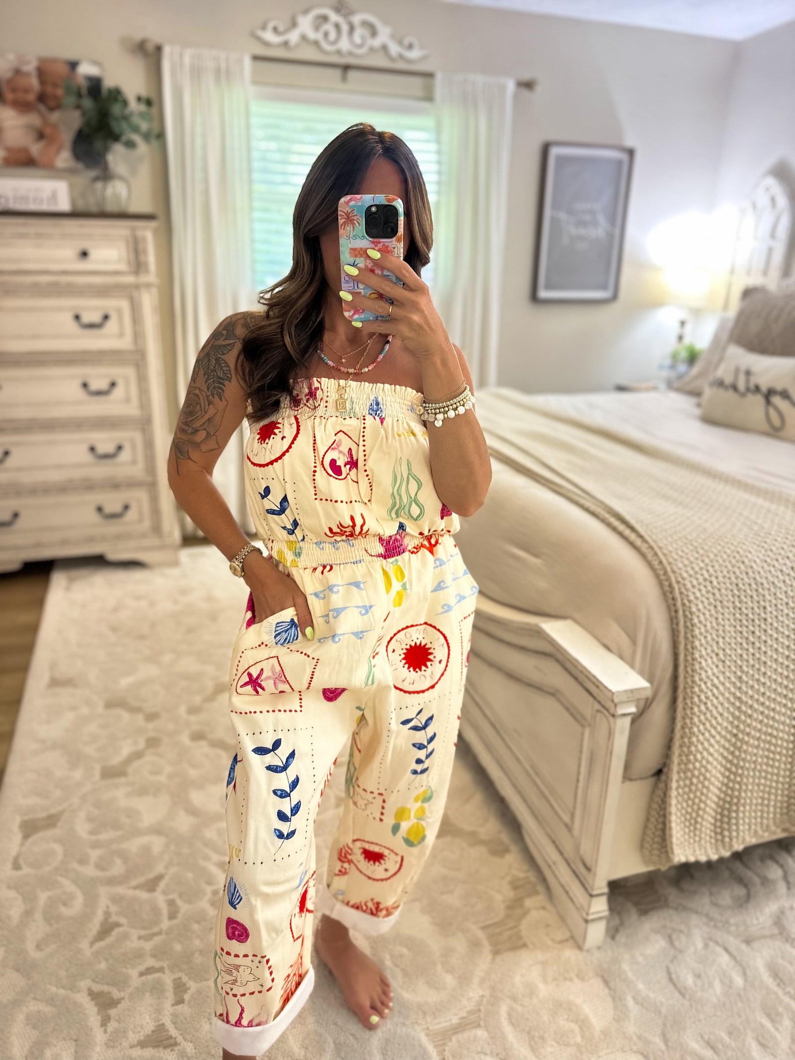 Shelby Coastal Motif Denim Strapless Jumpsuit