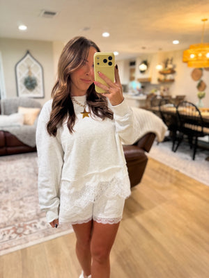 Willow Round Neck Lace Trimmed Crewneck - Gray