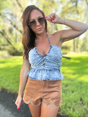 Nothin' Left Washed Denim Halter Top