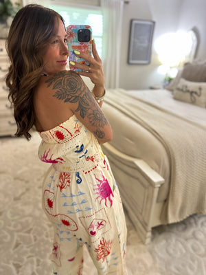 Shelby Coastal Motif Denim Strapless Jumpsuit