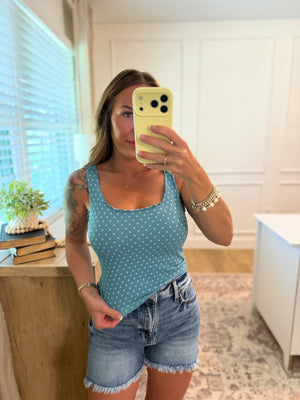 Trey Polka Dot Ruffle Edge Tank - Dusty Teal