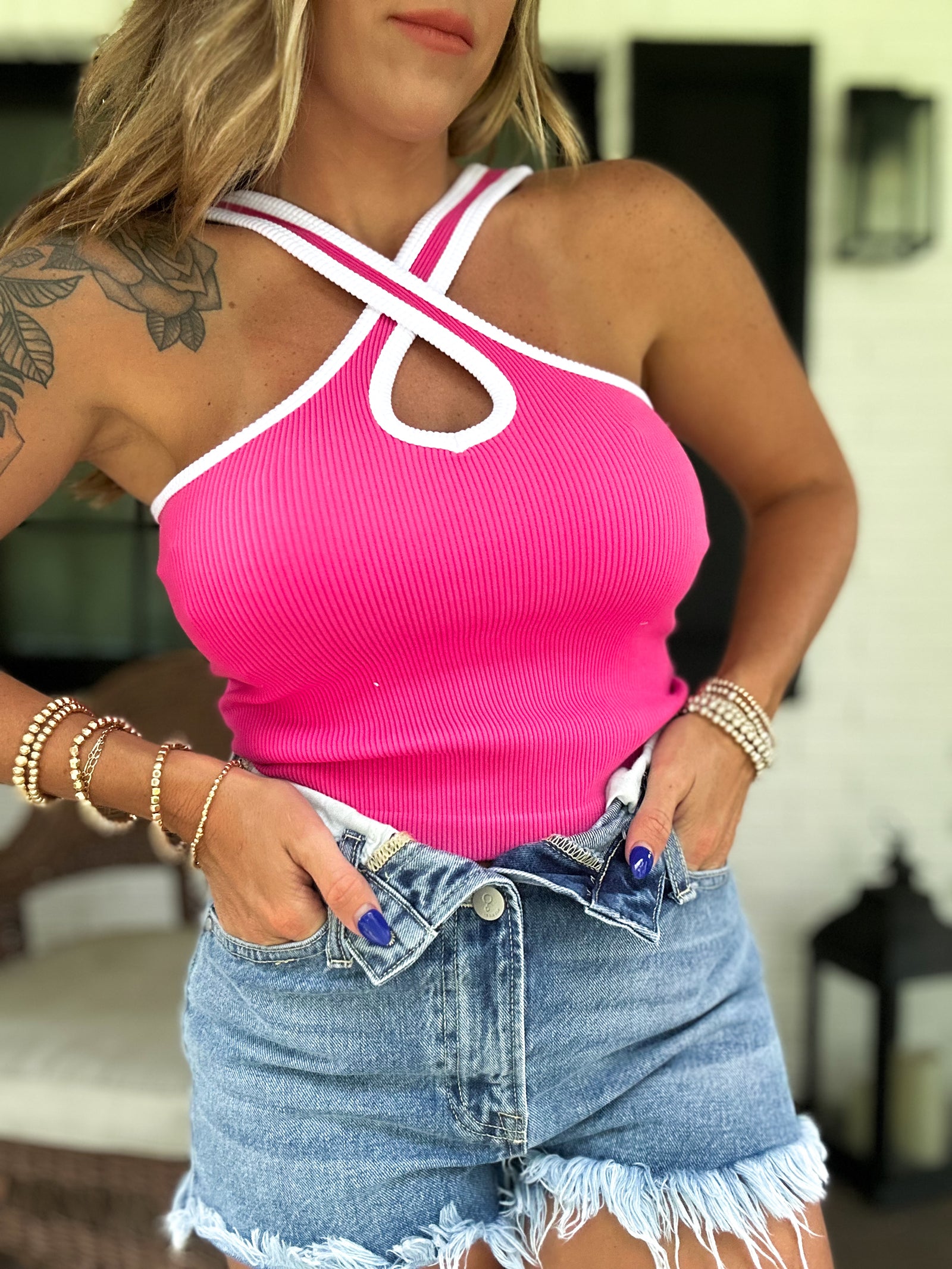 Heart For You Criss Cross Ribbed Tank - Hot Pink