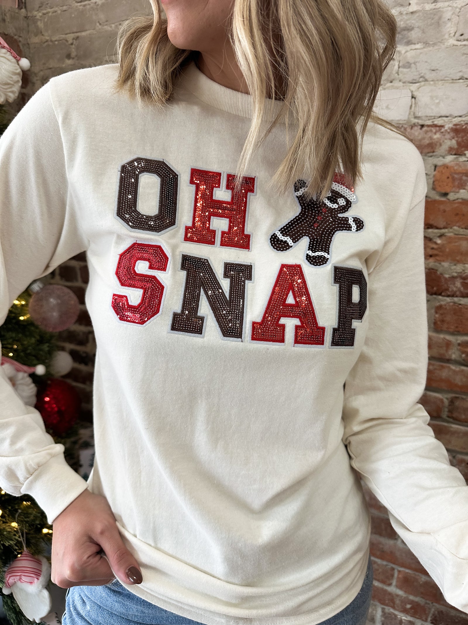 Oh Snap Sequin Gingerbread Embroidered Tee