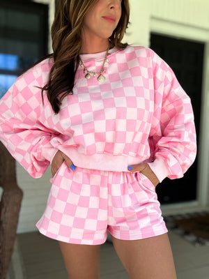 Larissa Checkered Print Crewneck - Pink