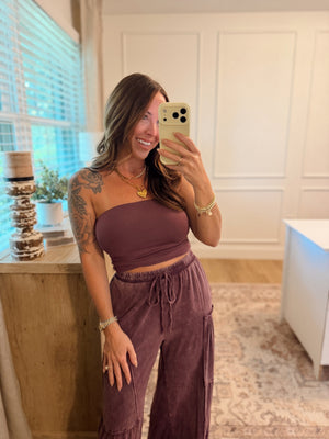 Mason Mineral Washed Tiered Wide Leg Pants - Eggplant