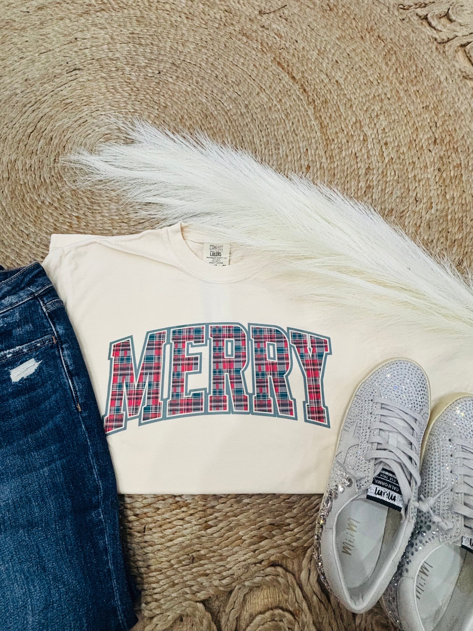 Plaid Merry Comfort Colors Tee - Ivory