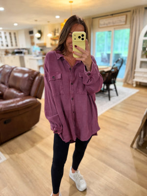 Sandi Stonewashed Oversized Knit Shacket - Cherry