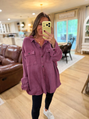 Sandi Stonewashed Oversized Knit Shacket - Cherry