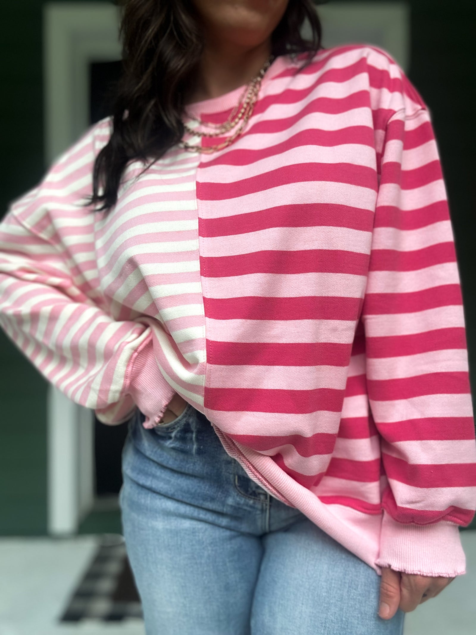 Drea Contrast Striped French Terry Top - Pink
