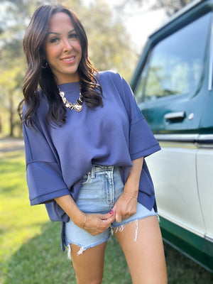 DOORBUSTER - Karli Side Slit Top - Blue Indigo