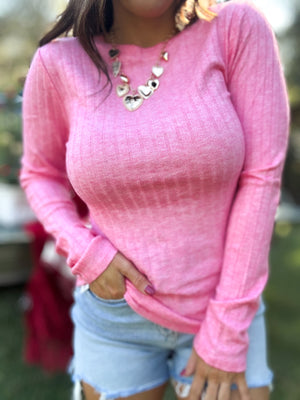 DOORBUSTER - Jackie Ribbed Long Sleeve Top - Fuchsia