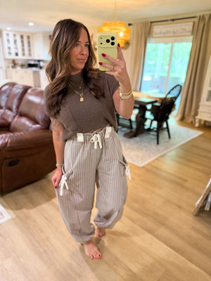 Brittan Striped Textured Pants - Taupe/White