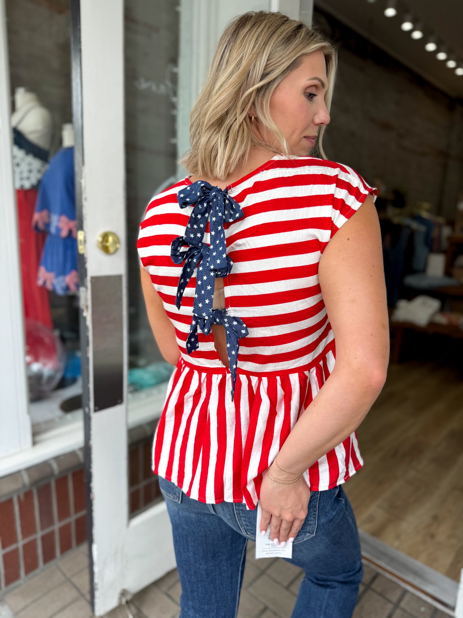 American Dream Striped Bow Tie Peplum Top