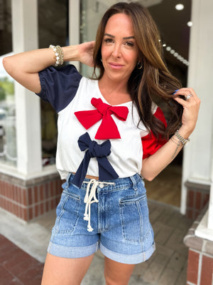 Little Miss USA Puff Sleeve Bow Detail Top