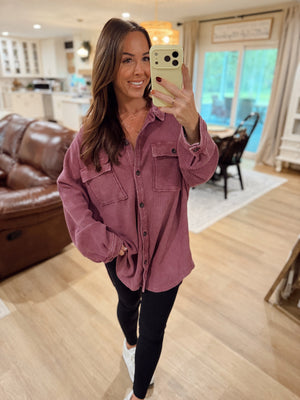 Sandi Stonewashed Oversized Knit Shacket - Cherry