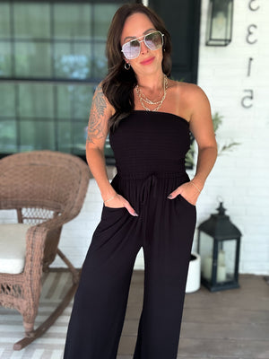 Little Too Late Smocked Jumpsuit - Black