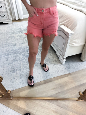 Give It a Guess Peach Distressed Shorts