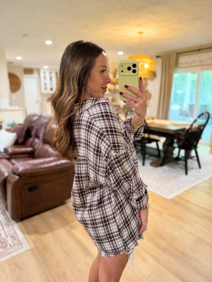 Sterling Plaid Collared Button Down Distressed Top - Brown