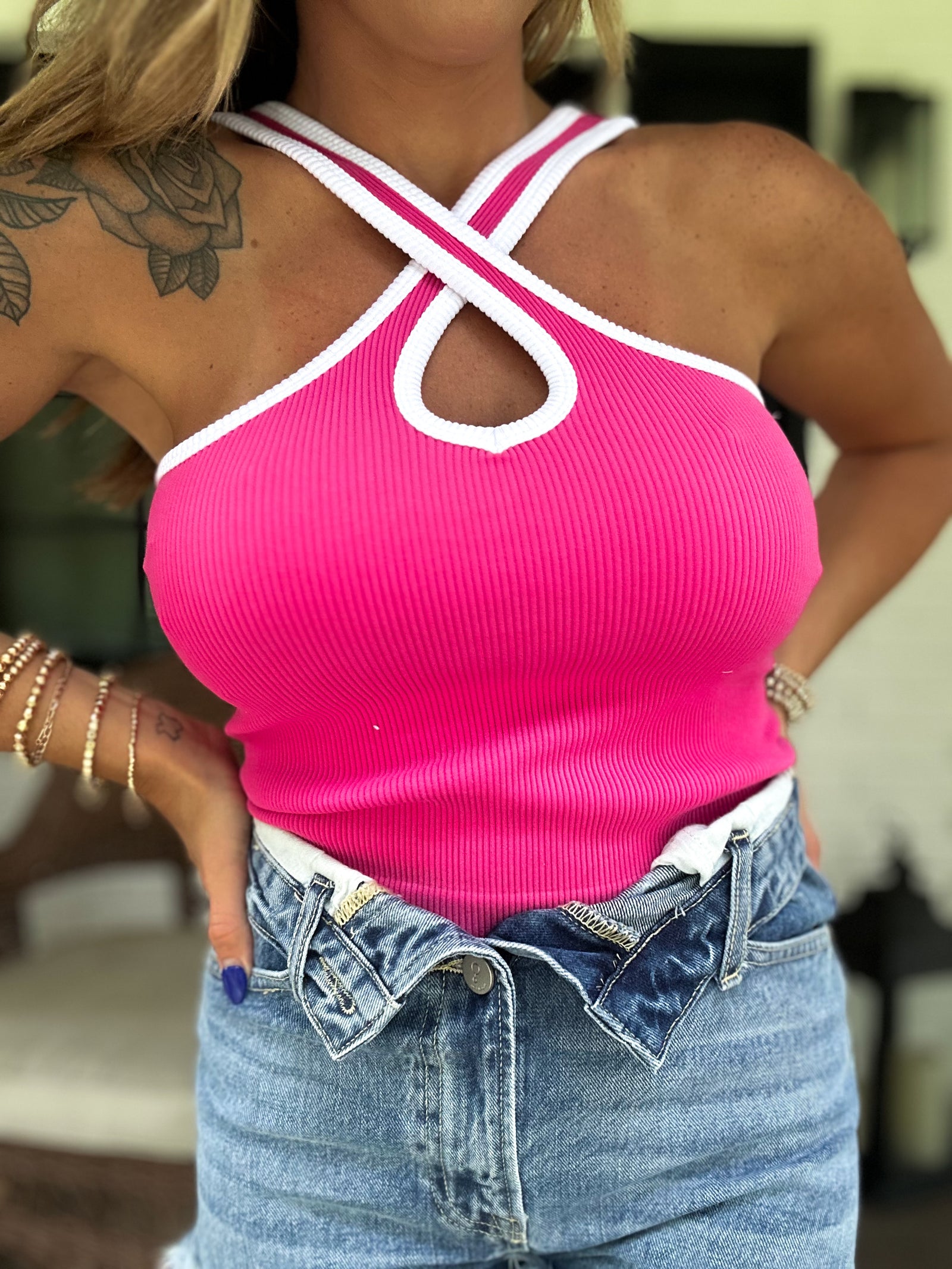 Heart For You Criss Cross Ribbed Tank - Hot Pink