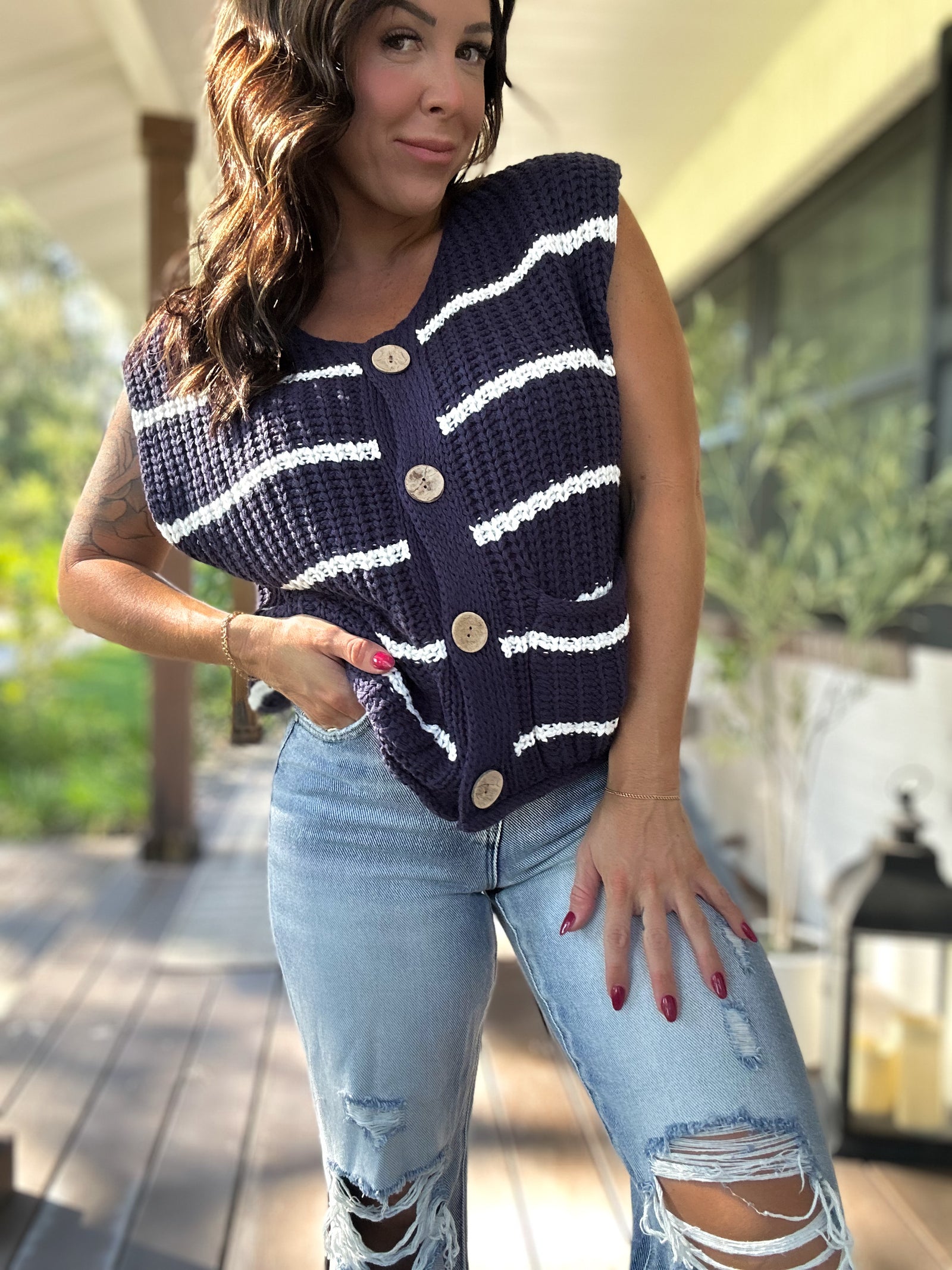Stacy Button Down Sweater Vest - Navy