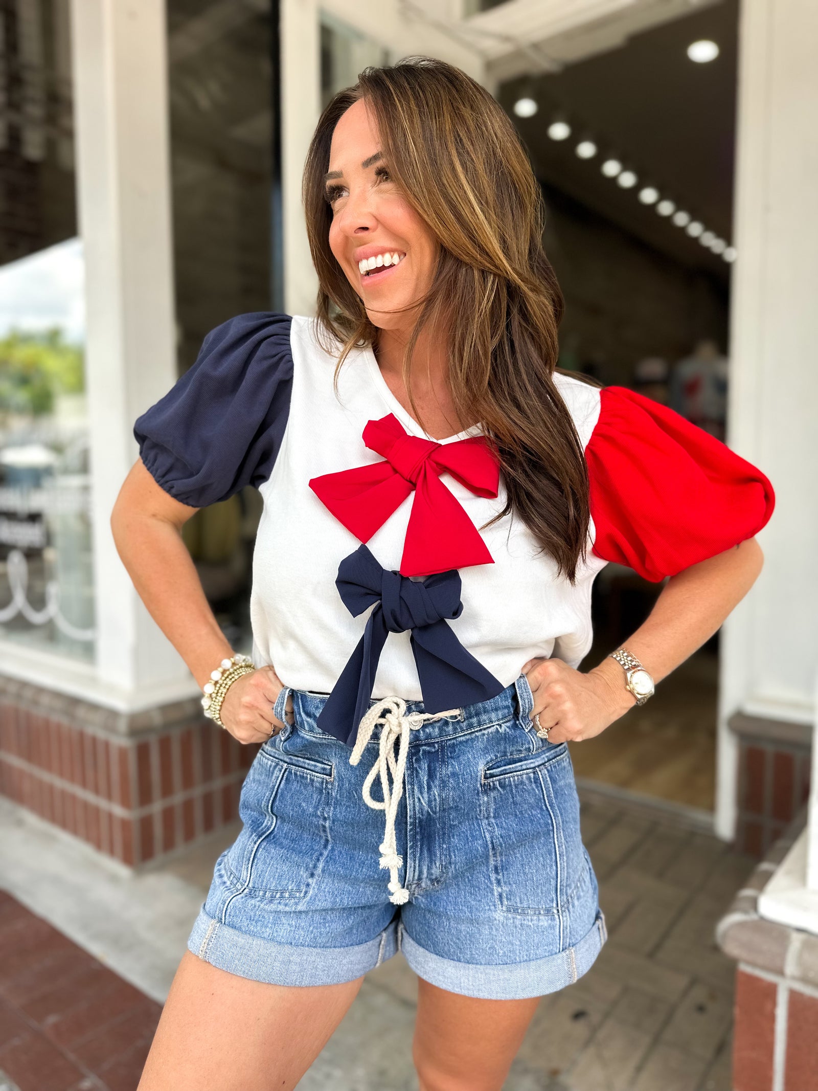 Little Miss USA Puff Sleeve Bow Detail Top
