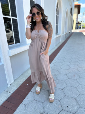 Stick By Me Halter Maxi Dress - Taupe