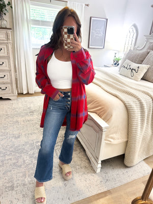 Pulling Heart Strings Distressed Plaid Shirt - Red