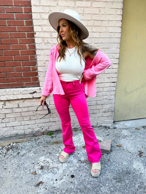 Look Your Best Mid Rise Flare Jeans - Rasberry