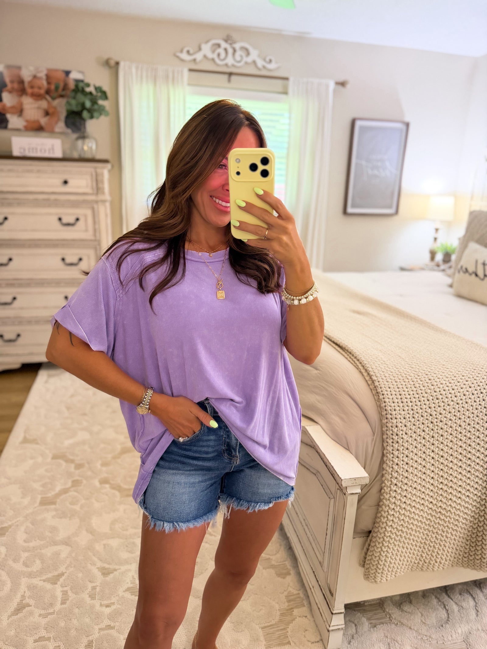 Milo Washed Ribbed Short Boat Neck Tee - Lavender