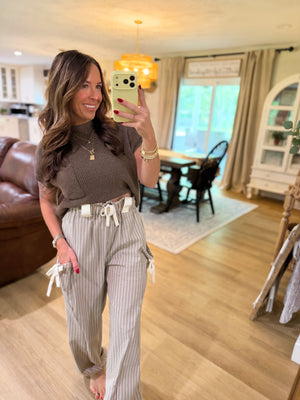 Brittan Striped Textured Pants - Taupe/White
