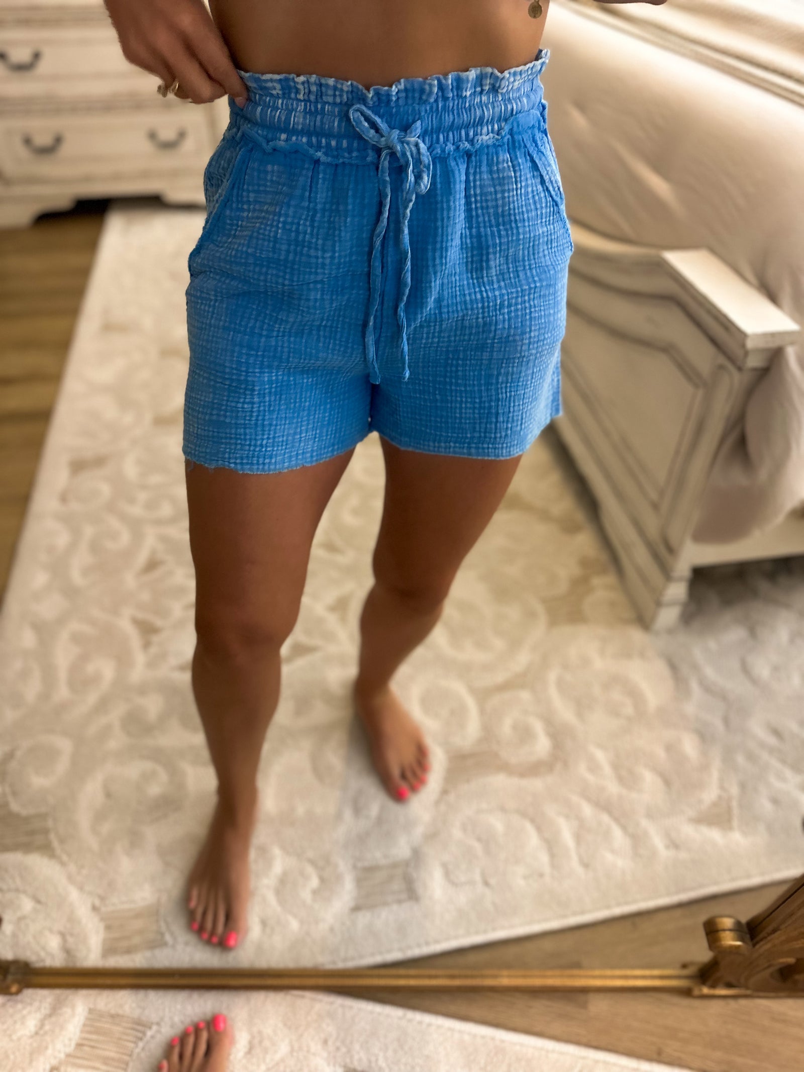 Sunshine Awaits Acid Washed Gauze Shorts - Deep Sky