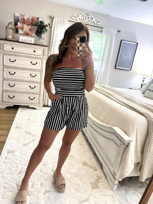 Better Days Ahead Striped Strapless Romper - Black