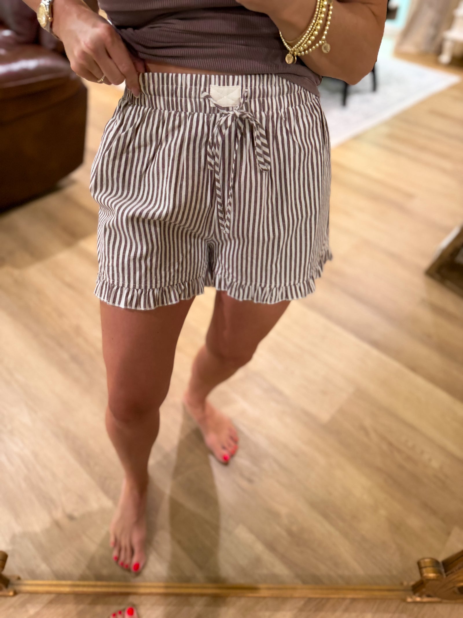 Landyn Striped Cotton Ruffle Shorts - Brown