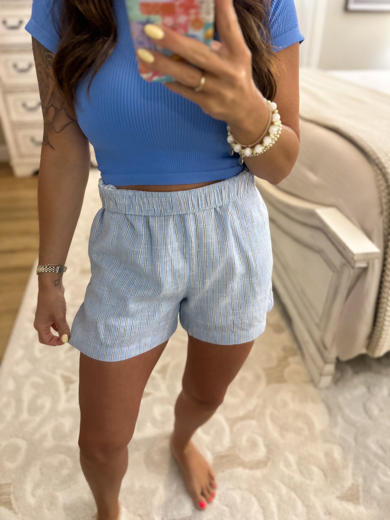 Abbie Striped Breezy Shorts - Baby Blue