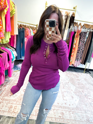 Level Up Waffle Knit Henley Top - Plum