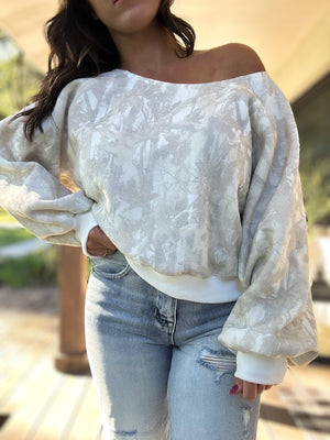 Audrina Off Shoulder Camo Sweater Top